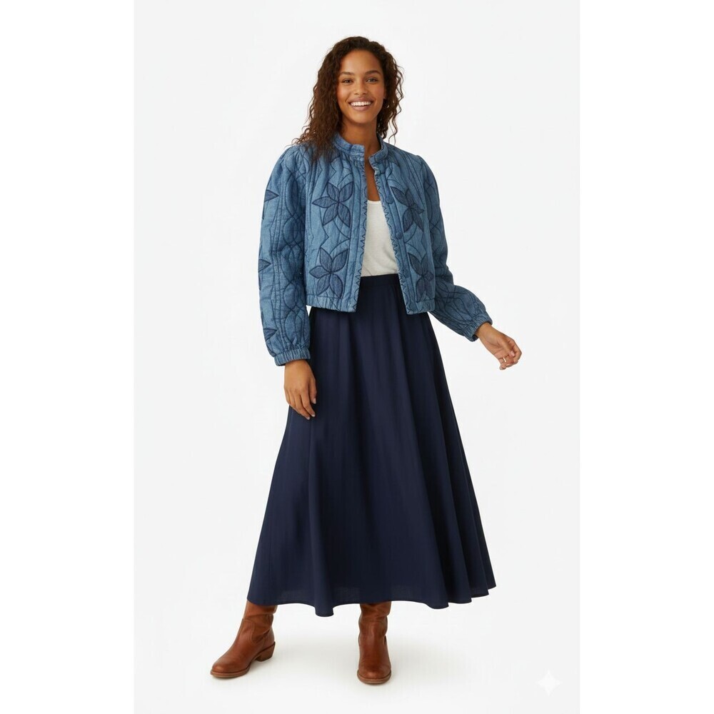 Free People Quinn Womens XL Quilted Jacket Indigo Blue Boho Oversized